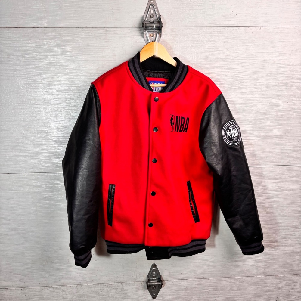 NBA Y2K Red Black Varsity Jacket Leather Look Sleeves Large